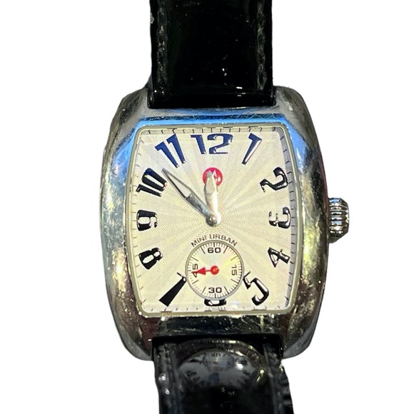 MICHELE MINI URBAN STAINLESS STEEL WATCH WITH BLACK PATENT LEATHER STRAP main image 12
